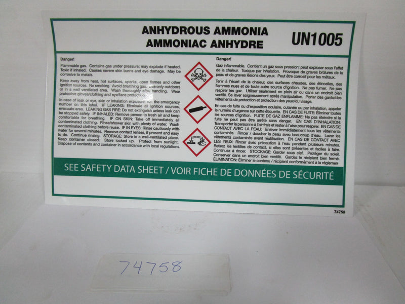 Decal "WHIMIS Anhydrous Ammonia"-7" x 11" White Vinyl