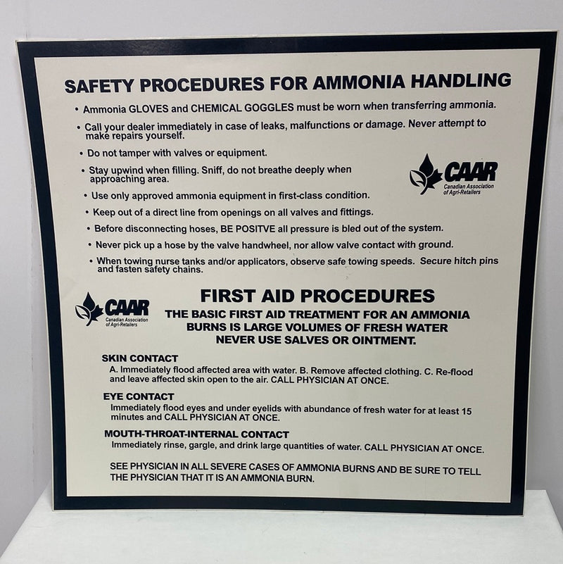 Decal "Safety Precautions For Handling Anhydrous Ammonia" Black- 12"x12"